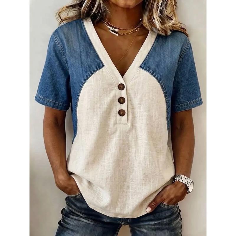 Women Denim Patchwork V Neck Short Sleeve Loose Casual T Shirt S