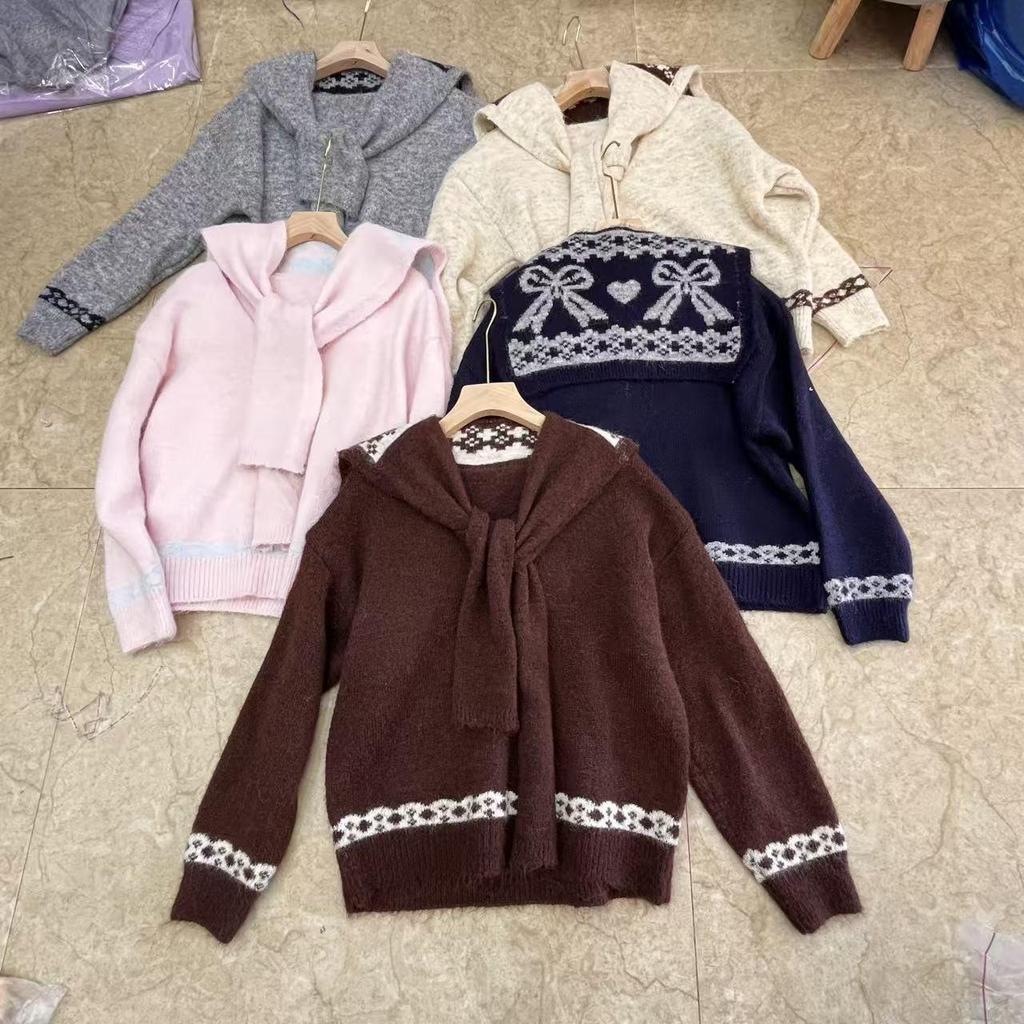 Korean Color Block Shawl Sweater Set: Women's Autumn/Winter Plus Size Slimming Knitwear