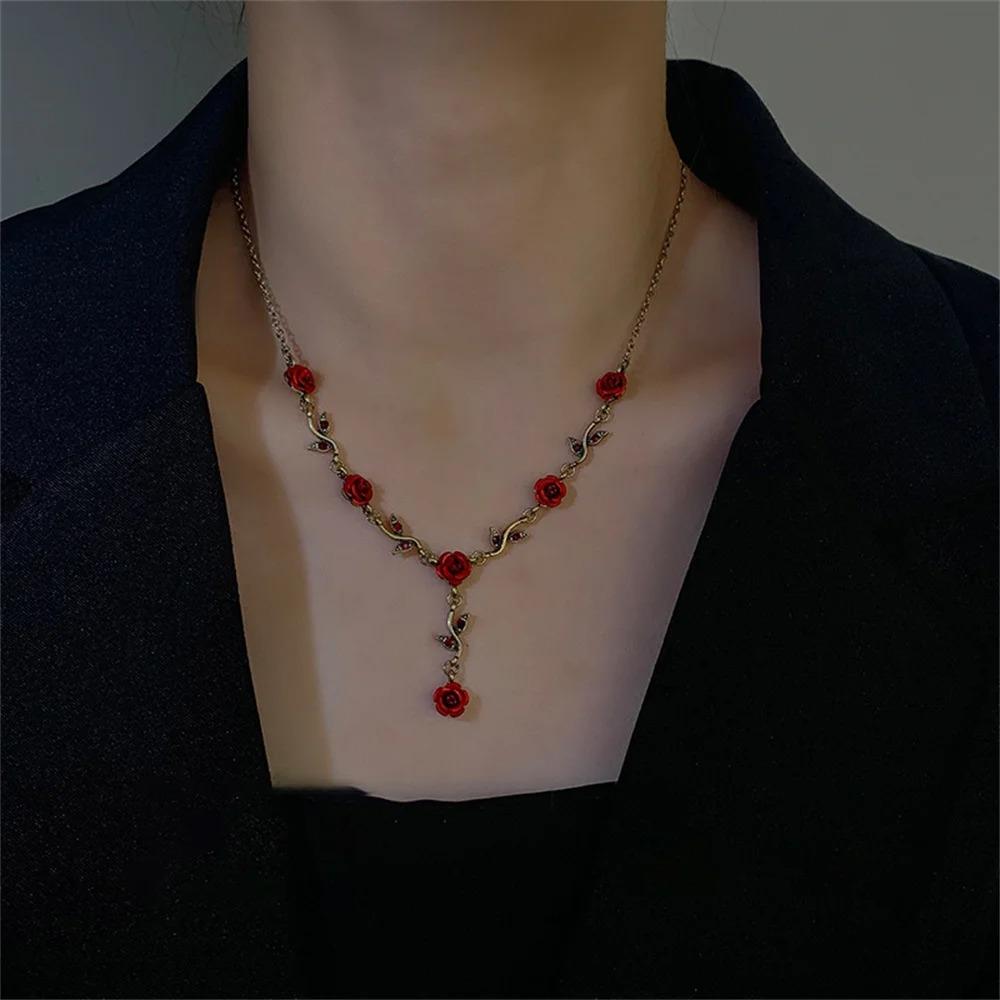 French Retro Bronze Color Y2K Necklace Gothic Red Rose Clavicle Chain Choker Acrylic Flower Pendant Elegant Jewelry Wholesale
