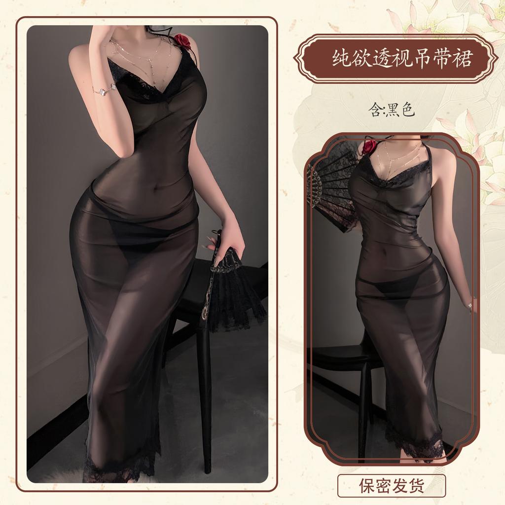 Man Want Sex Underwear Perspective Hollow Lace Mesh Pile Pleated Tight Suspender Rose Hip Wrap Long Dress 9449