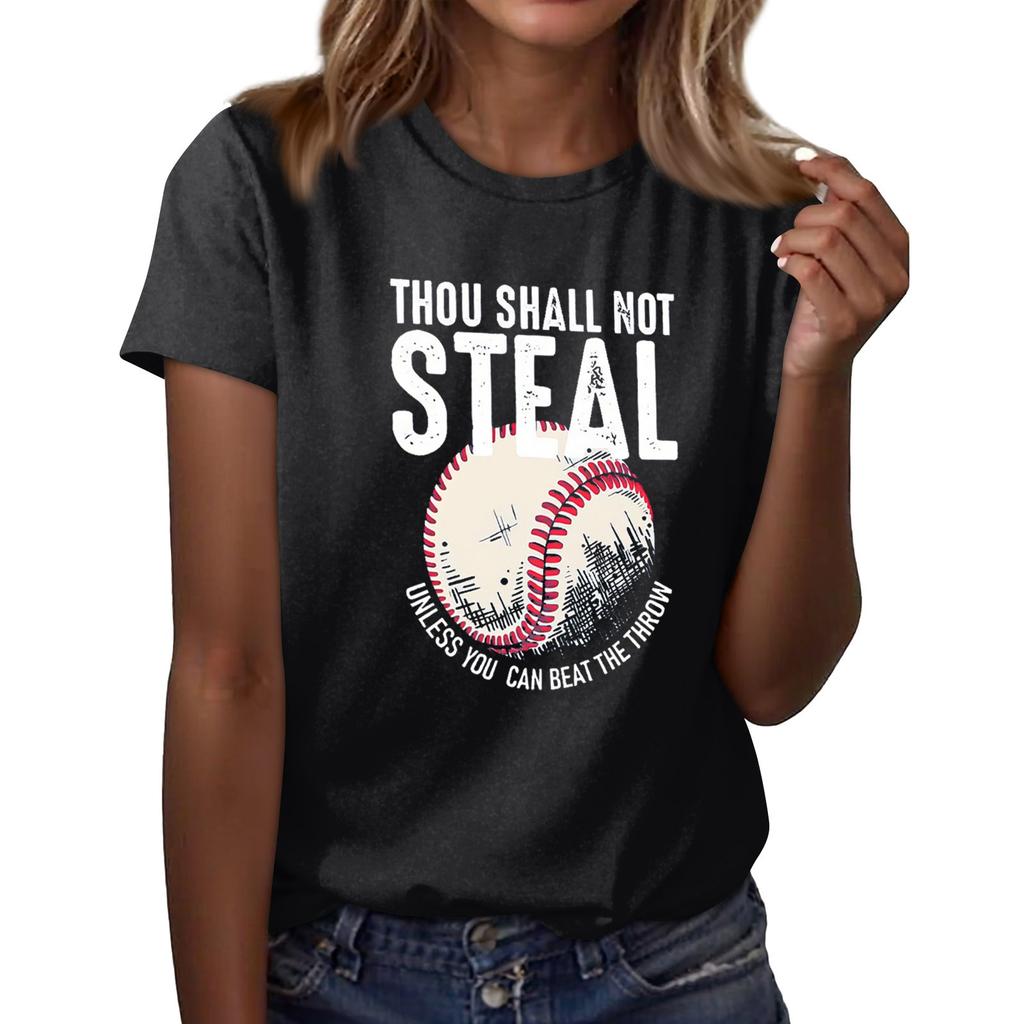 Women's Casual Baseball Print T-shirt Round Neck Pullover Short Sleeve Top