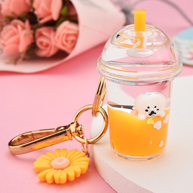 Creative Acrylic Milk Bottle Tortoise Penguin Keychain Simulation Cup Liquid Quicksand Key Chain Women Couple Bag Charm Keyring