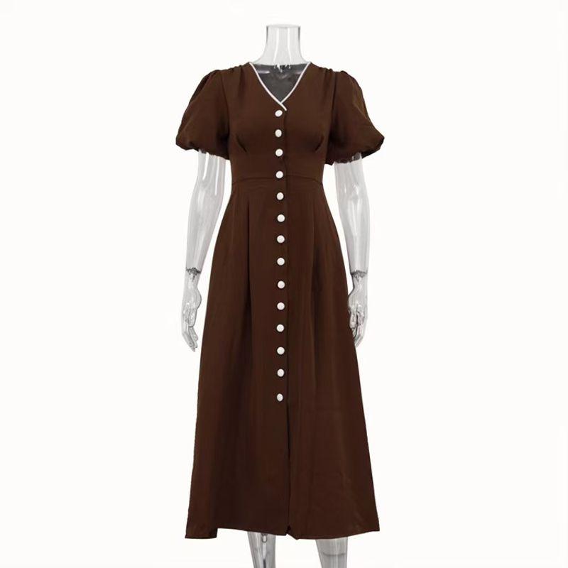 

Fashion Wind Fashion Sexy V-neck Puff Sleeve Silm Dress V-Neck Bubble Sleeve Dress Brown L