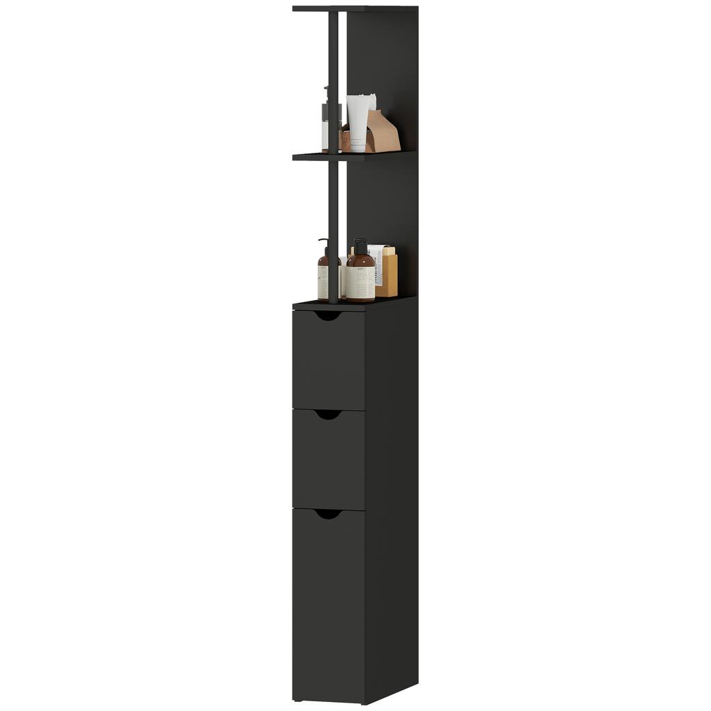 Bathroom Column Cabinet with Drawers and Open Shelves, 15 X 33 X 136.8 Cm, Black