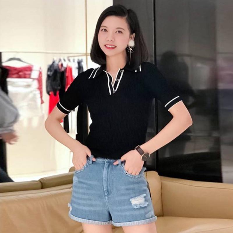 Gejia 2024 Spring/Summer Women's Polo Collar Color Block Short Sleeve Ice Silk Slim Fit T-Shirt