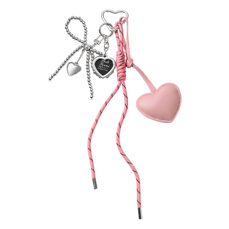 Korean Trendy Leather Heart Bow Keychain Delicate Beaded Keyring Car Key Holder Bag Pendant Decoration For Girls Gift
