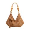 Hand-woven Straw Tote Bag With Wooden Bead Handle Large Capacity Summer Beach Shoulder Bag Casual Hollow Vacation Crochet Bag