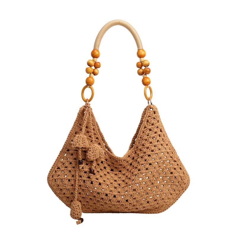 Hand-woven Straw Tote Bag With Wooden Bead Handle Large Capacity Summer Beach Shoulder Bag Casual Hollow Vacation Crochet Bag