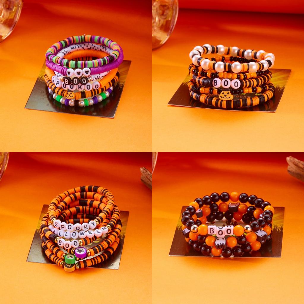 3Pcs Halloween Beaded Bracelet Set for Women Vintage Gothic Spider Ghost Pumpkin Skeleton Pendant Bangle Jewelry Gift