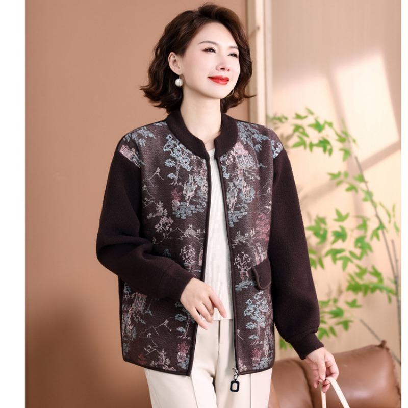 New middle-aged and old women's clothing with clothes printed large-size jacket, middle-aged mother autumn and winter knitted jacket