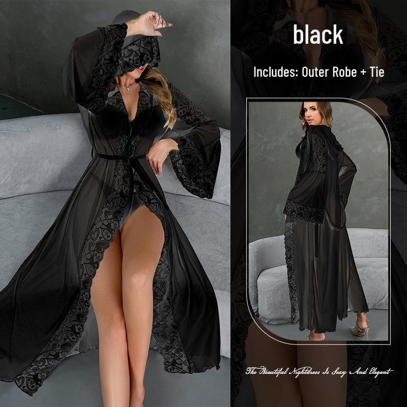 

Сексуальный сетчатый халат с капюшоном и кружевной отделкой, нижнее белье с поясом S чёрный