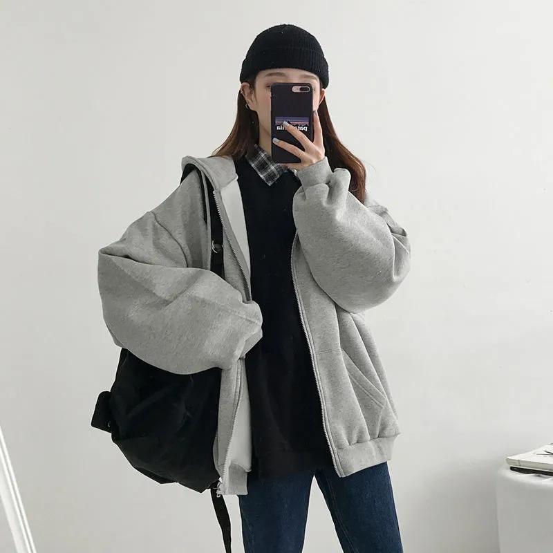 Damen-Kapuzenpullover mit Reißverschluss und Kapuze für Frühling und Herbst, koreanische Version des College-Stils, lockere, einfarbige, langärmelige Strickjacke, dünner Mantel