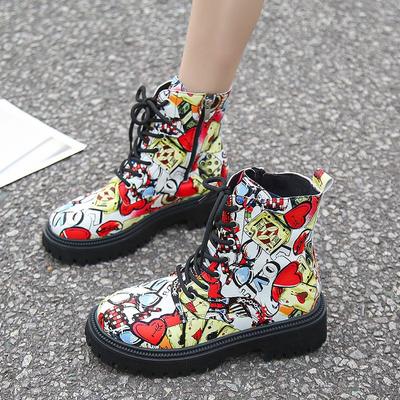 Bottes Martin d'automne et d'hiver 2024, bottes pour femmes européennes et américaines de grande taille avec graffiti, bottes en cuir à lacets avec motif de dessin animé imprimé pour enfants