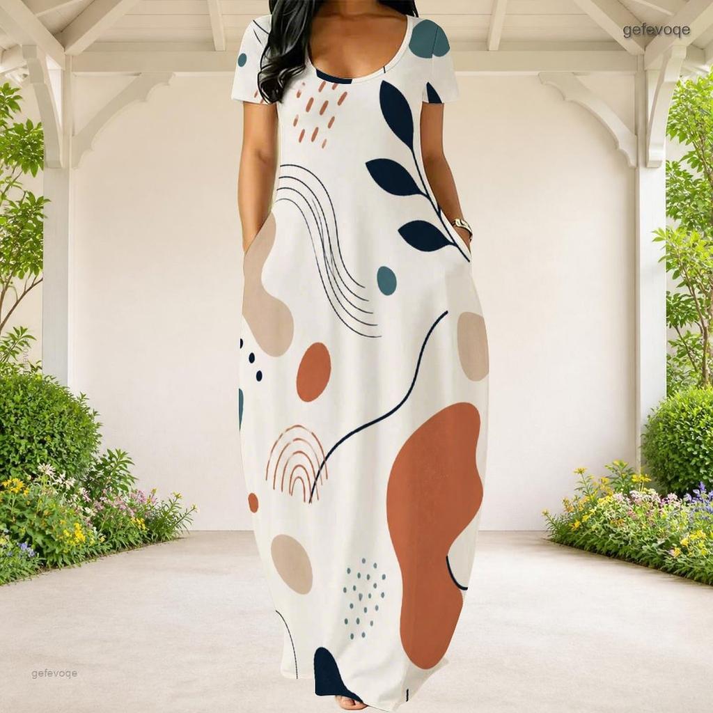 Women Plus Size Round Neck Short Sleeve Abstract Printed Loose Maxi Dress With Side Pockets