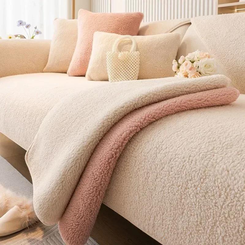 Maschinenwaschbare Lammwolle Sofakissen Winter Dickes Plüsch Sitzbezug Zum Warmhalten Rutschfest Längliche Form Sofabezug Zuhause