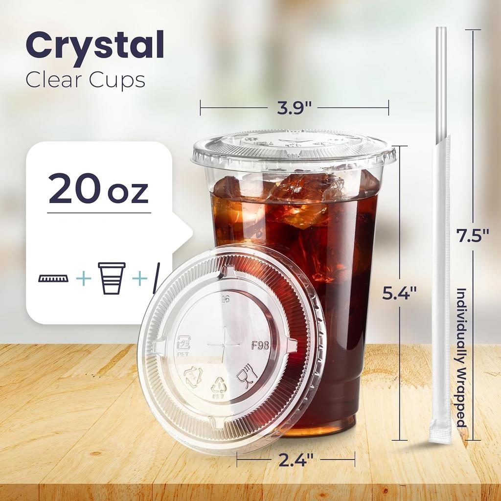 20OZ Clear Plastic Cups Lids and Straws for Iced Coffee Cups Disposable Smoothie Cups for Cold Drink Free BPA Crystal Plastic
