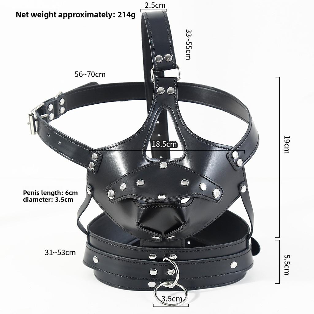 BDSM PU Leather Head Harness Hood with Silicone Dildo Mouth Gag Slave Bondage Mask Collar Fetish Role Play Gear Adult Sex Toys