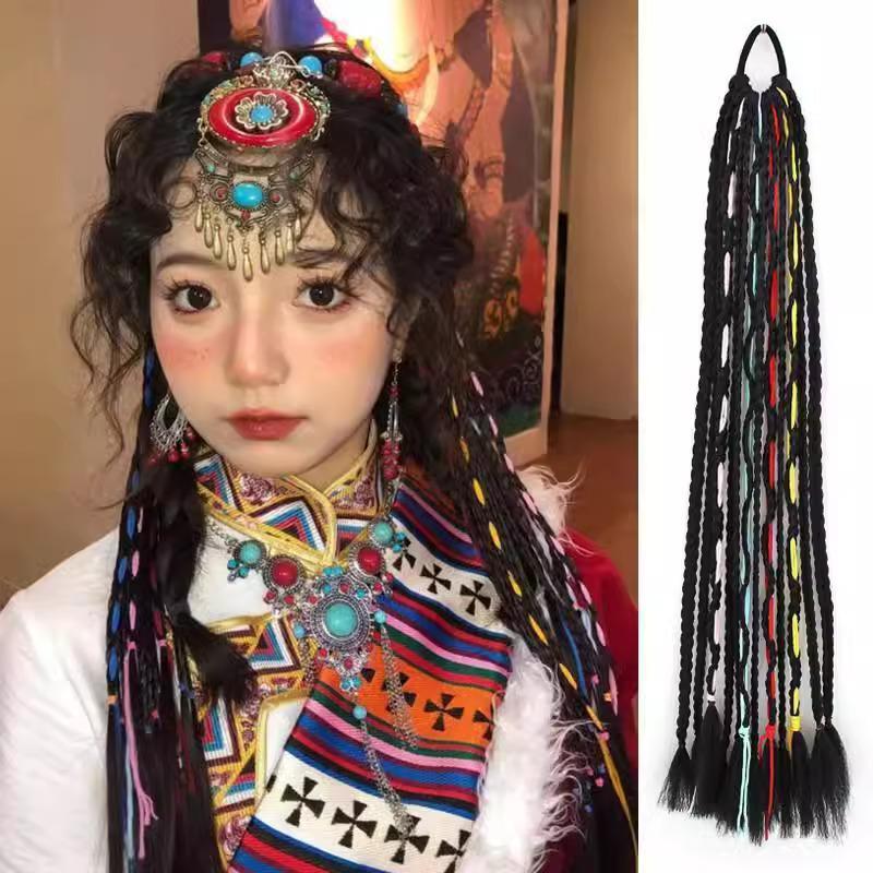 Miao Feng Tibetan Silver Thread Double Ponytail Wig Braid - Natural Exotic Style.