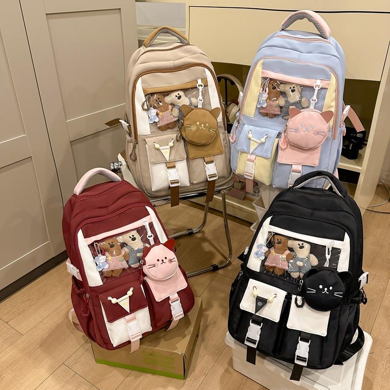 Large Capacity Student Schoolbag Women's Cat Pattern Backpack Color Contrast Backpack with Coin Purse