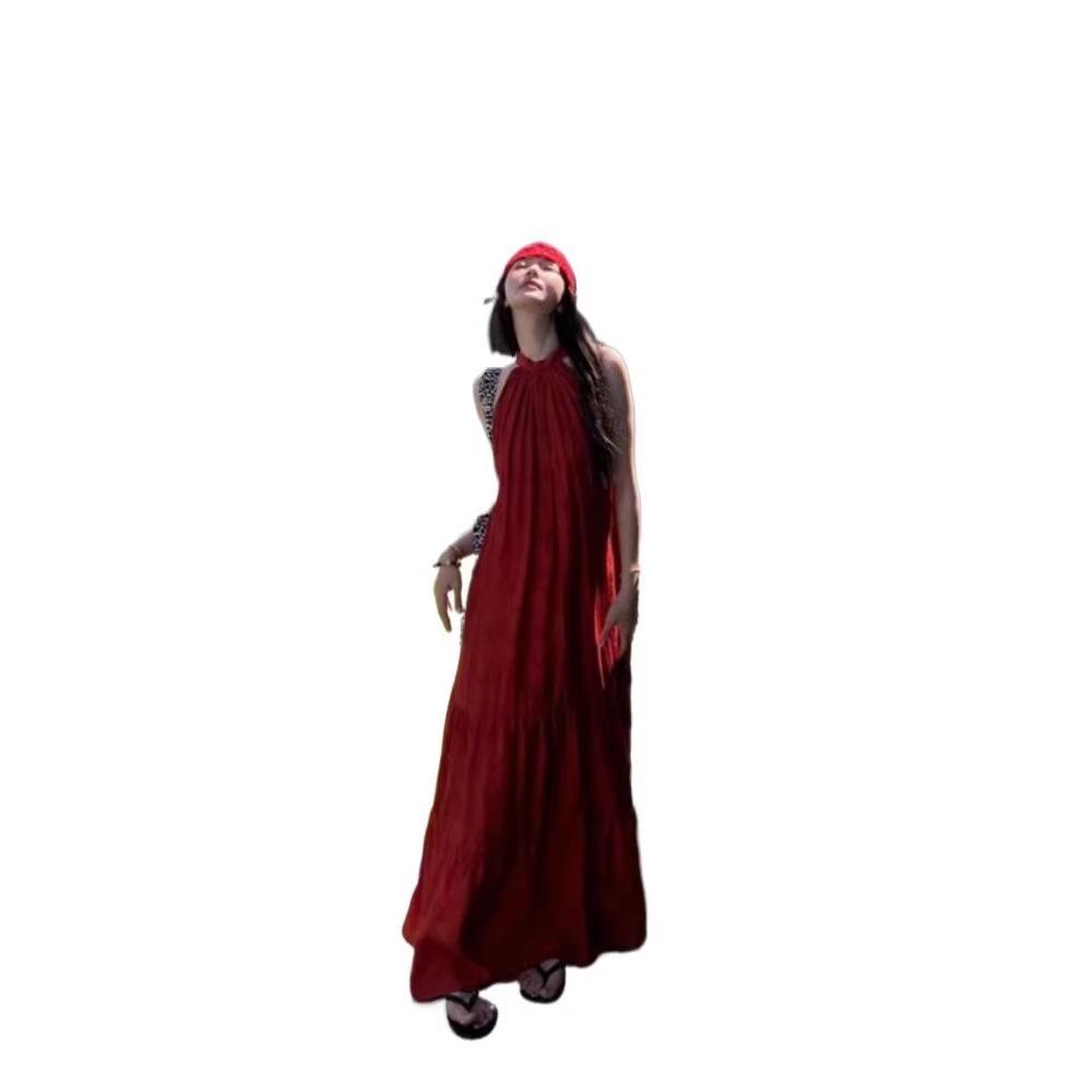 New Chinese Vintage National Style Jacquard Red Halter Dress for Women, Summer Seaside Vacation Elegant Long Skirt with a Wide Swing
