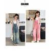  Kids Girls Denim Overalls Casual Wide Leg Star Embroidered Jumpsuit For Children