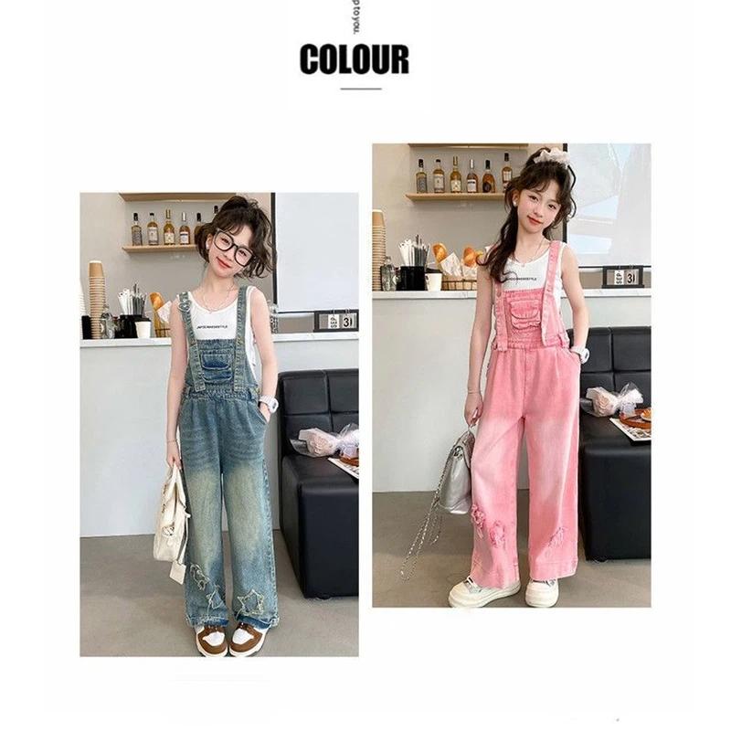  Kids Girls Denim Overalls Casual Wide Leg Star Embroidered Jumpsuit For Children
