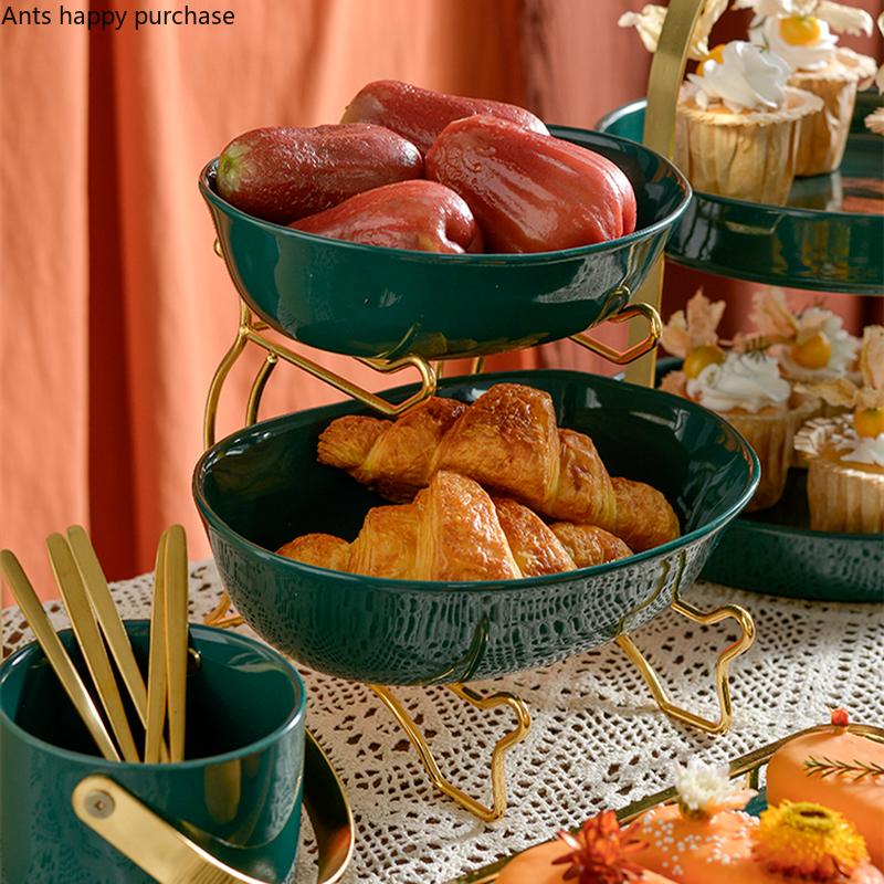 Wrought Iron Ceramic Plate Cake Pan Display Stand Dessert Plate Cake Pan Fruit Plates Decorative Frame Snack Tray Salad Bowl