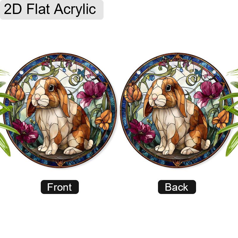 Acrylic Lop-Eared Rabbit with Flowers Suncatcher, Stained Glass Effect Window Hanging Ornament for Animal Lover Gifts