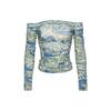 Pinko Retro Print Off-Shoulder Long Sleeve T-Shirt Women Tops Blue 102887A1LT-EH1