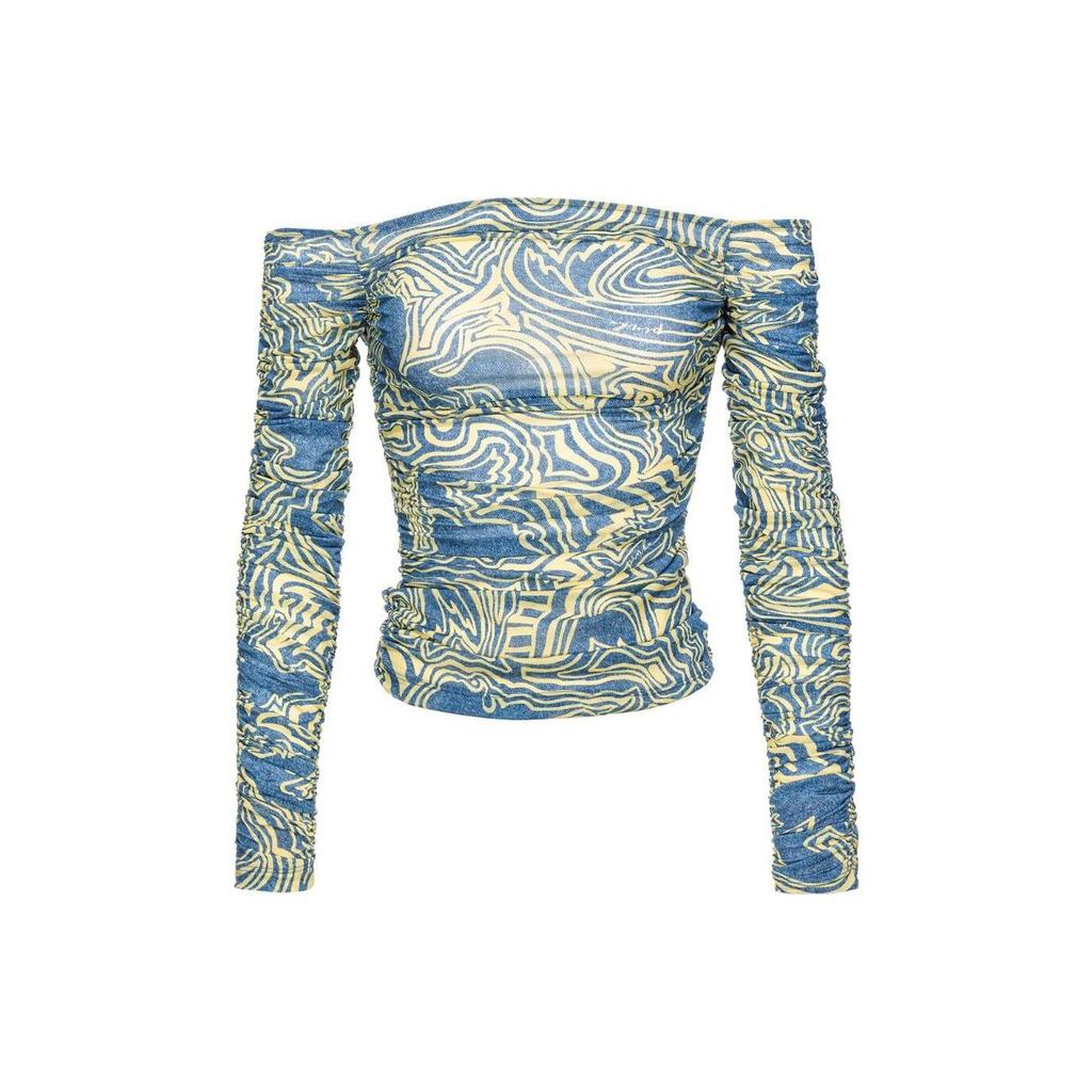Pinko Retro Print Off-Shoulder Long Sleeve T-Shirt Women Tops Blue 102887A1LT-EH1