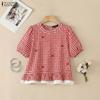 ZANZEA Dames Casual Blouse met Ruitjesprint, Ronde Hals en Korte Mouwen