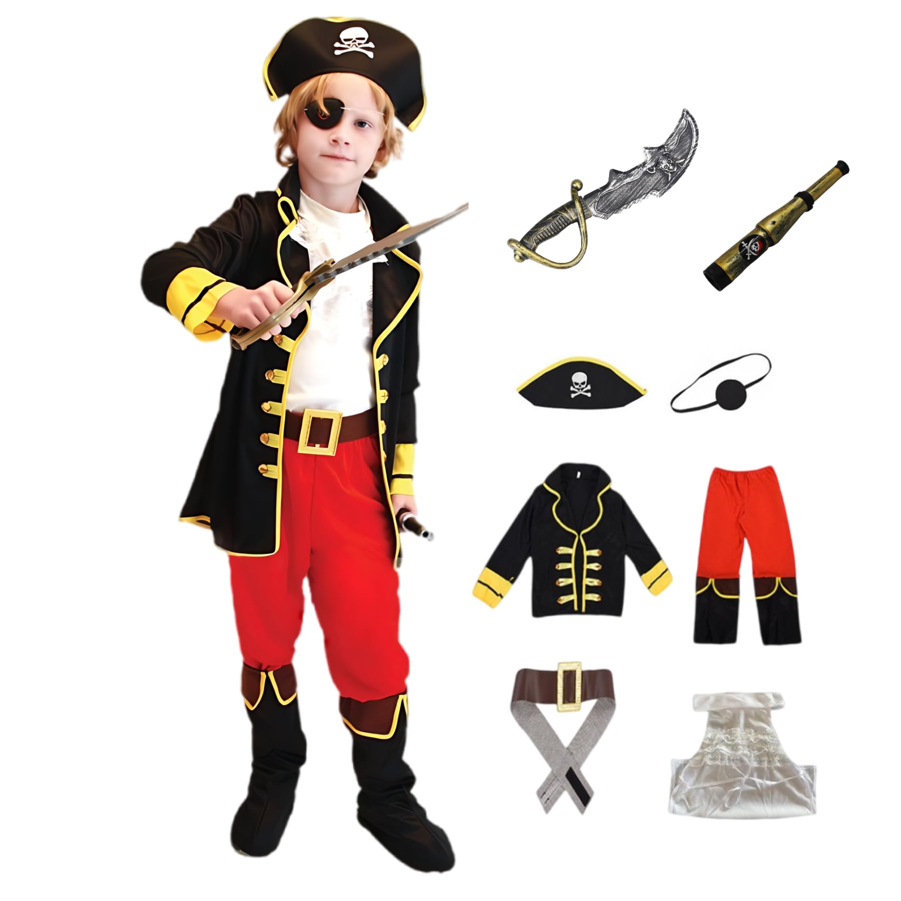 [HASAKI] Pirate Costume 8-Piece Set for Children s Halloween Costume (90-140cm) Pirate Outfit with Props: Sword, Eyepatch, Pirate Hat, and Telescope.