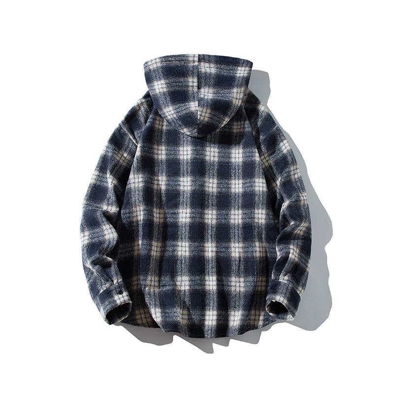Autumn and Winter Japanese Retro Men's Wear Furry Neutral Thickened Hooded Shirt Jacket Plaid Loose Top Men