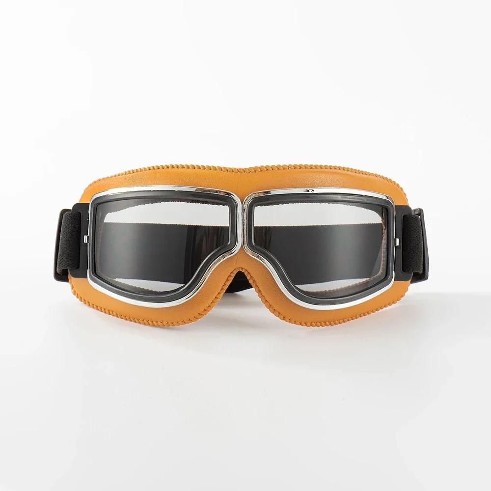 Vintage Pilot Motorcycle Goggles UV400 Windproof Scratch Resistant PC Lens with Leather Trim for Open Face Helmet