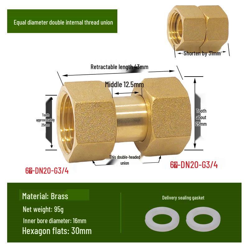 Copper Union with Inner/Outer Threads, Double Inner Thread Water Heater Connector Tee/Elbow Nipple, 46mm & 1" Thread, Different Diameters.