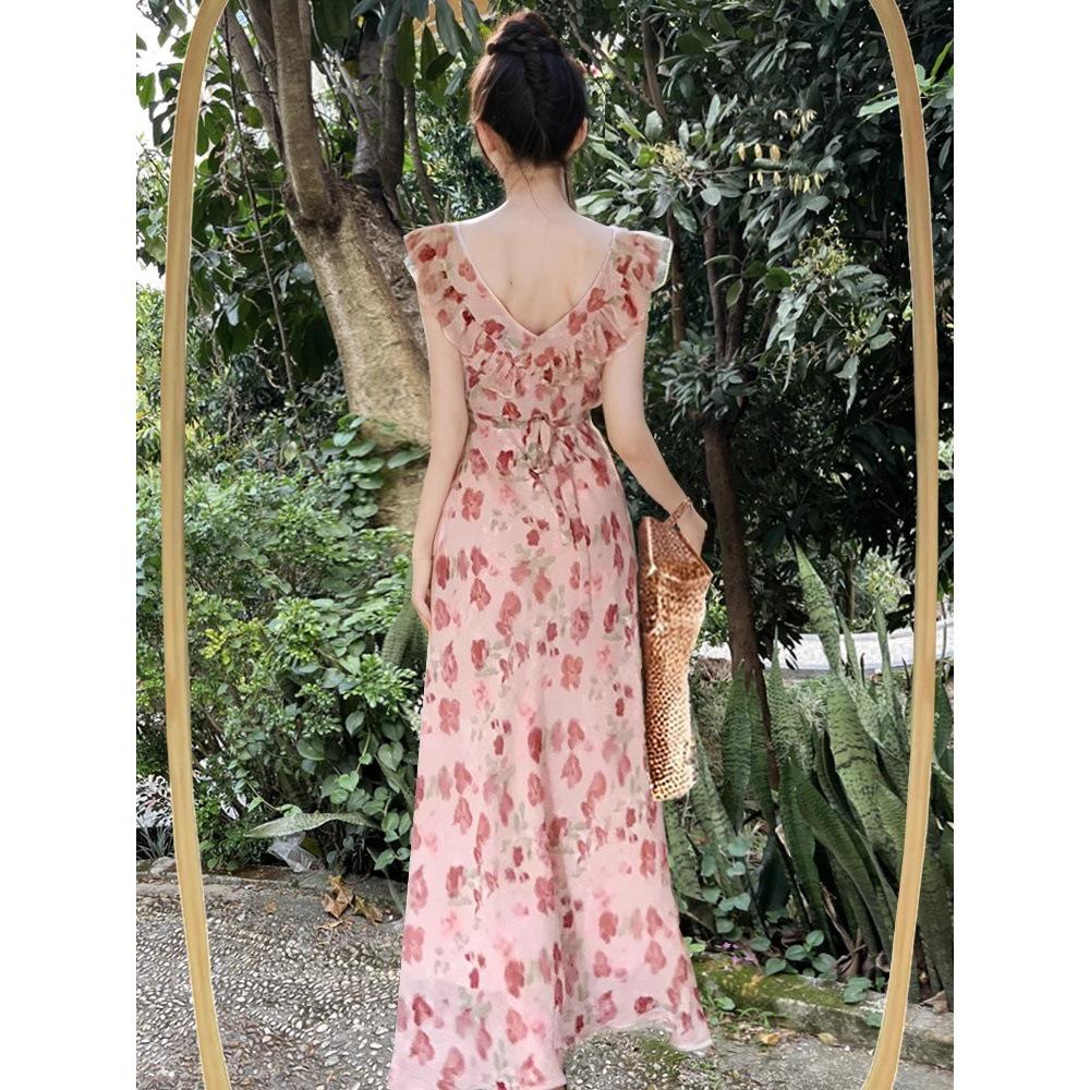 

Женское летнее французское ретро платье А-силуэта с рукавами-крылышками S (up to 90 jin) розовый