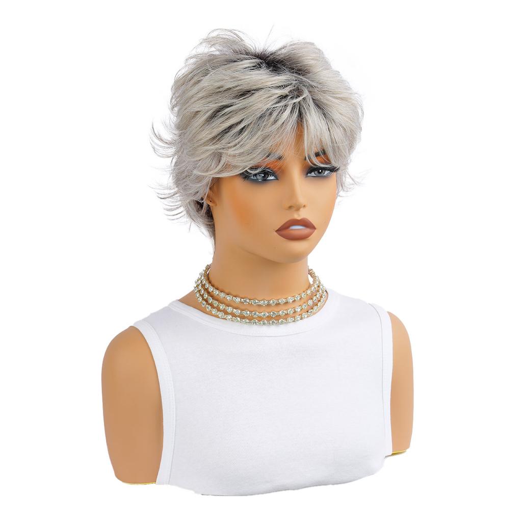 Short Natural Wigs with Bangs Soft Mommy Hair Daily Use Silver White Gray Curly Synthetic Hair Costume Party Wig for Women