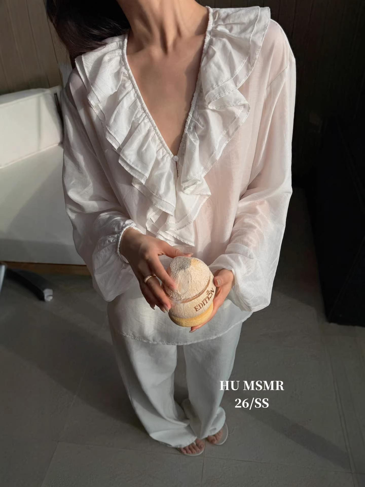 HUMSMR New Arrival: V-neck Ruffle Minimalist Slimming Chiffon Shirt C1386 One Size абрикосовый