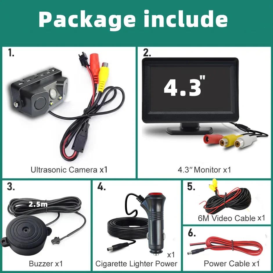 3 In 1 Backup Reversing Camera Parktronic Car Video Parking Sensor Kit Radar Visible Display 4.3in/5in Monitor System Alarm