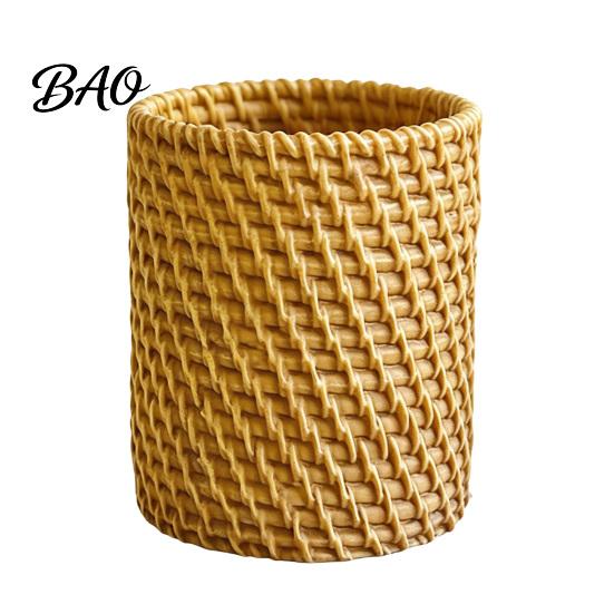 Office Desk Organizer Faux Rattan Pen Holder, Woven Style Makeup Brush Boho Resin Holder Desktop Organizer, Multi-functional Pencil Cup for Home