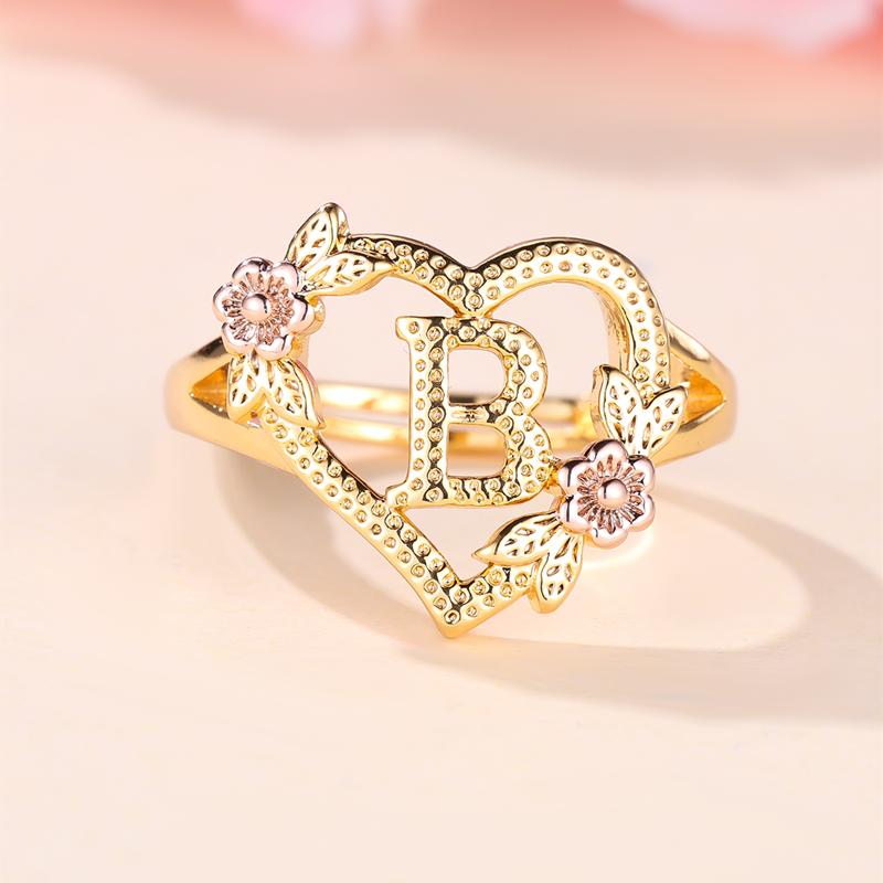 

Кольца с инициалами и цветком в форме сердца, регулируемые нежные кольца с буквами и листьями золотого цвета для женщин и девочек, ювелирные изделия с алфавитом B золотой
