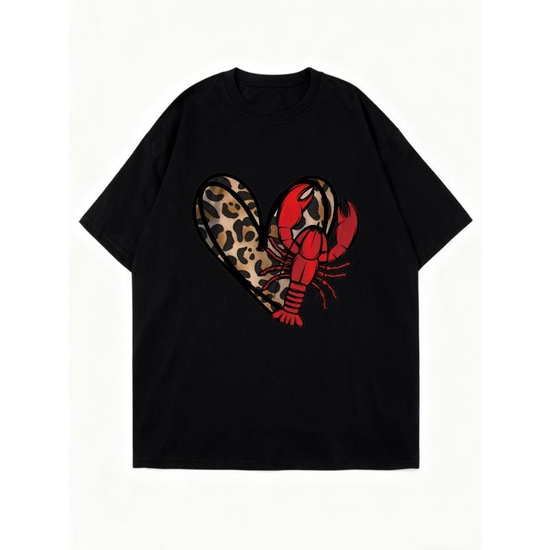 Oversized T Shirt Black Lobster Heart Leopard Print Summer Casual Wear