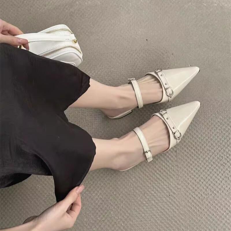 Fashion Baotou Slippers Summer Pointed Toe Shallow Mouth Metal Buckle One Strap Anti-slip Wear-resistant Kitten Heel Sandals