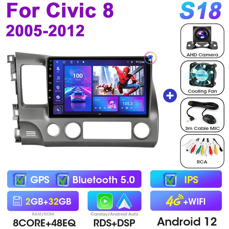 2 Din Android 12 Car Radio For Honda Civic 8 2005 - 2012 Multimedia Video Player GPS Navigation Stereo 4G WIFI Carplay Auto RDS