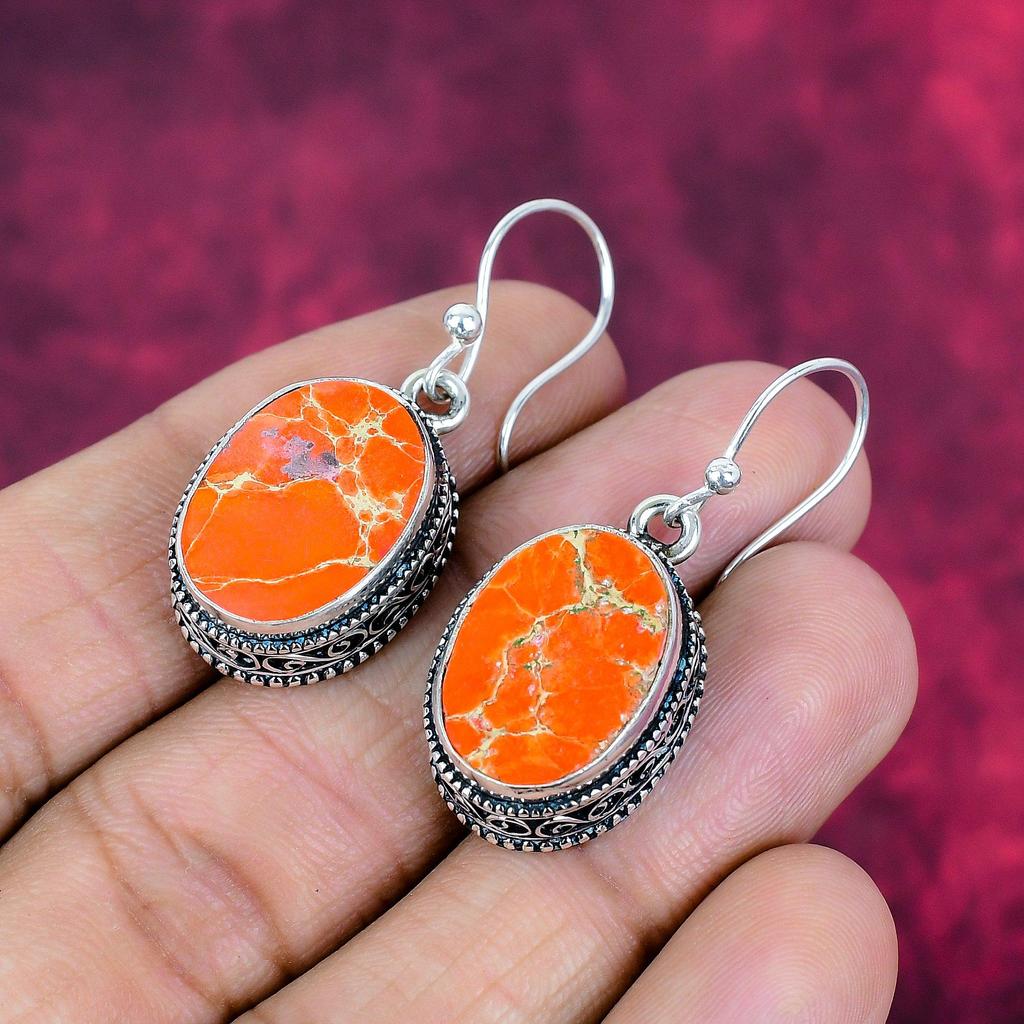 Orange Sea Sediment Earrings, 925 Solid Sterling Silver Gemstone Jewelry, Handmade Earrings, For Mother Day