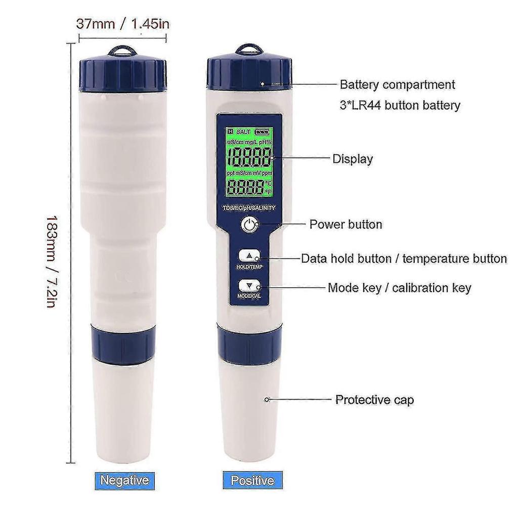 5-in-1 Electronic Ph Meter, Measure Ph & Tds & Ec Salinity & Temperature Water Quality Tester