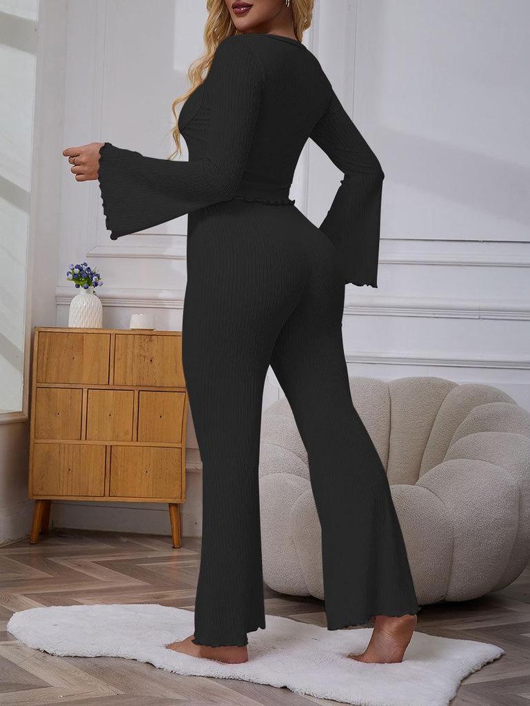 Women's Bell Sleeve Pajama Set: Sexy & Simple Long Sleeve Top with Bow and Long Pants