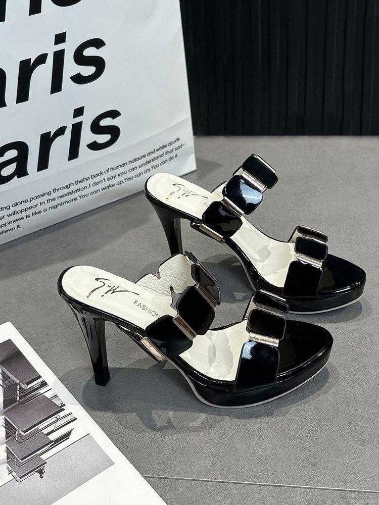 

Large size summer new fashionable versatile round head wearing high heels cool slippers women 43 чёрный