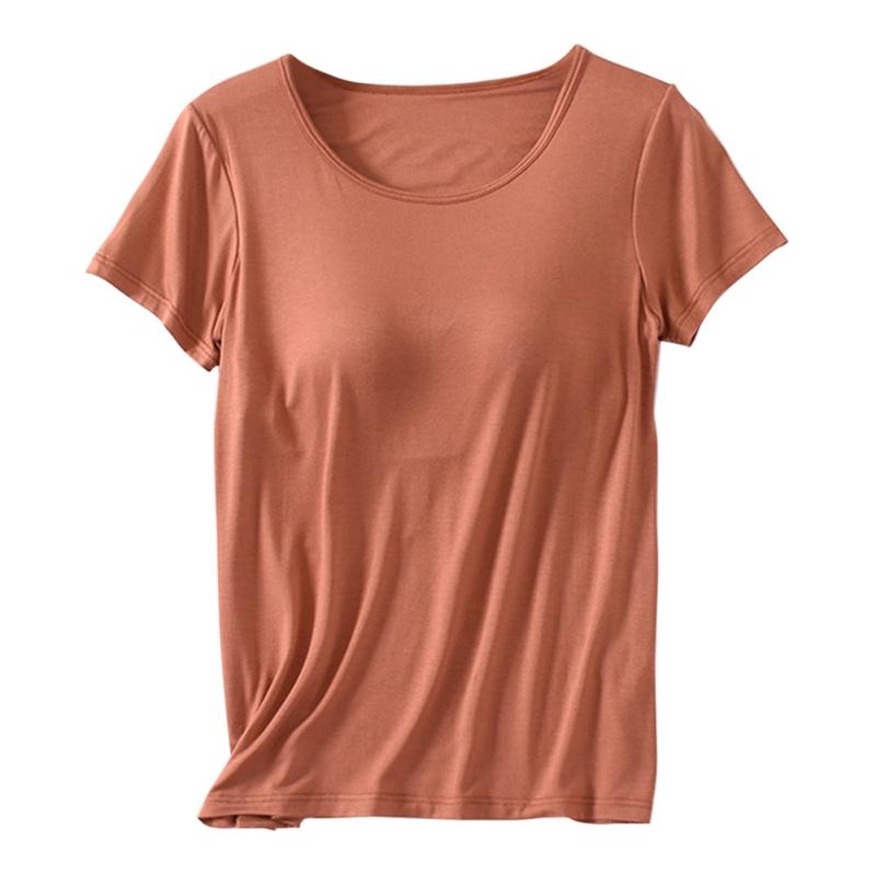 

Women Solid Color Round Neck T-shirt with Bra Pad Short Sleeve Top XL