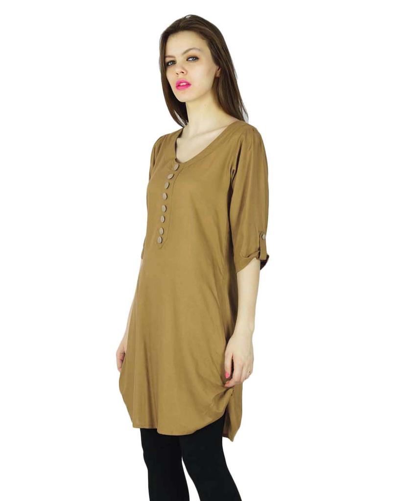 Phagun Designer Indian Kurta Casual Women Brown Solid Kurti Rayon Top Tunic